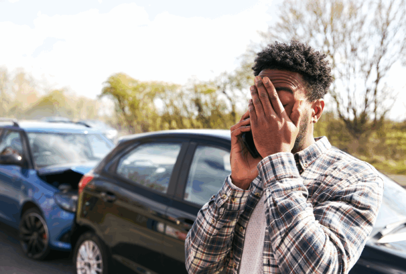 Image is of a stressed young man with on his phone calling for help following a car crash, concept of who is at fault in a rear-end collision in Nashville