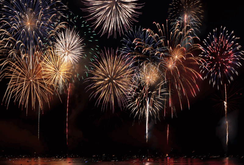 Image is of numerous exploding fireworks in the night sky, concept of injury in a DUI crash in Nashville on the 4th of July