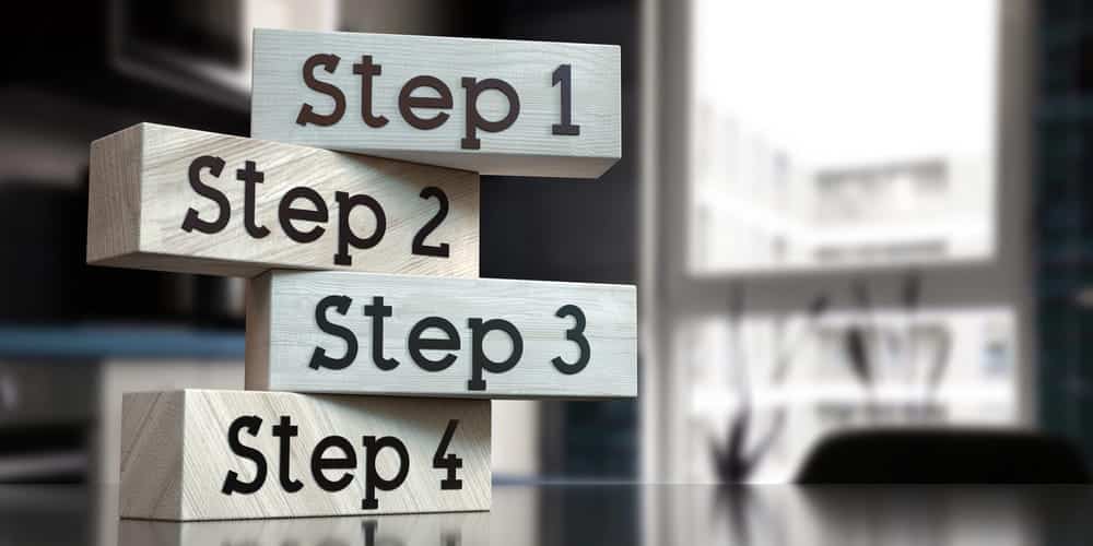 Image is of wooden blocks labeled step one through four, symbolizing the legal process after a slip and fall in TN.