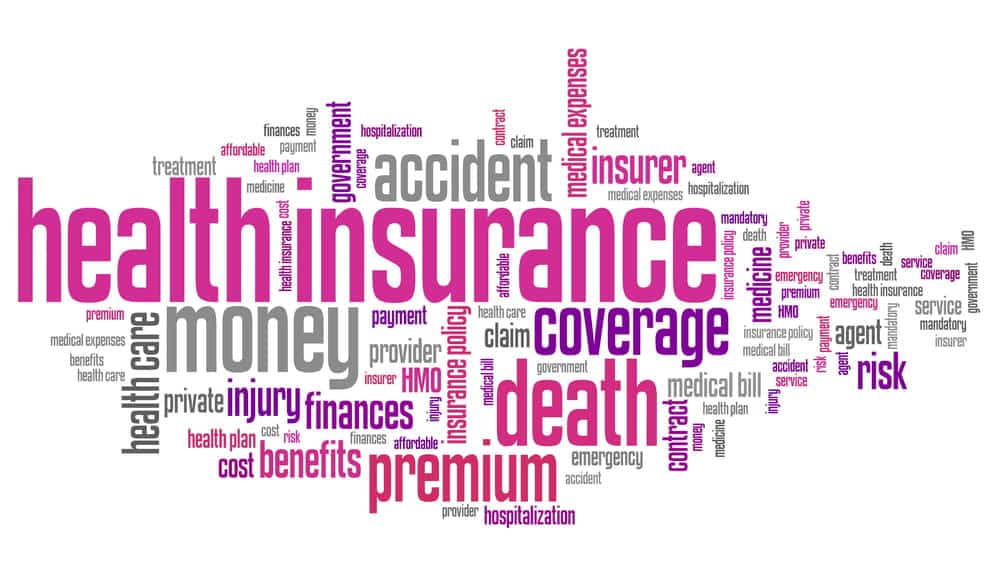 Image is of a health insurance word cloud showing coverage and costs, concept of dog bite claim and insurance policy considerations