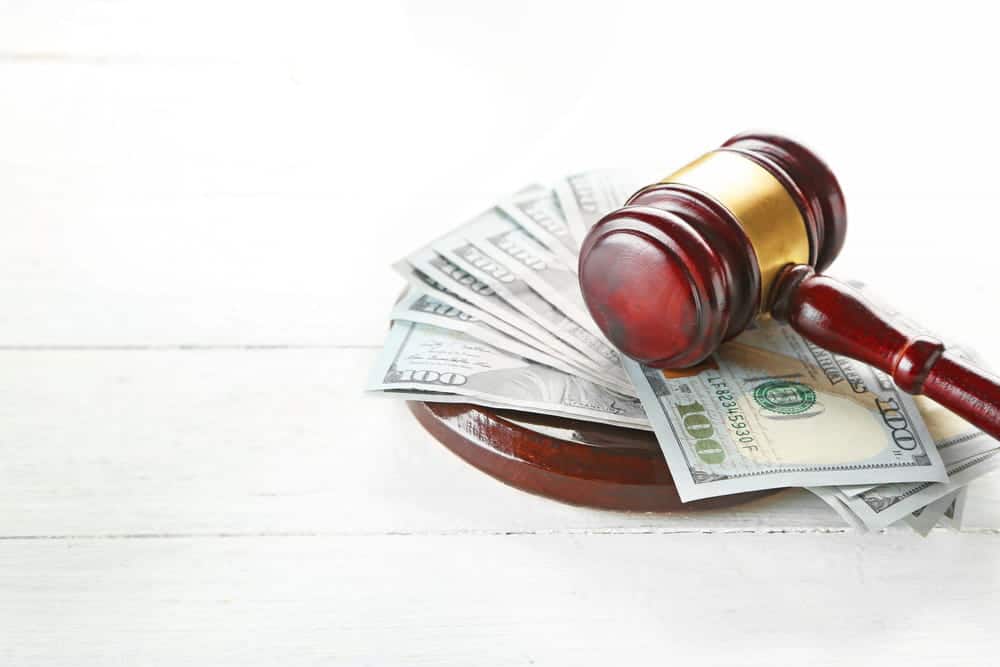 Image is of a gavel resting on money, representing financial compensation available in a dog bite claim.