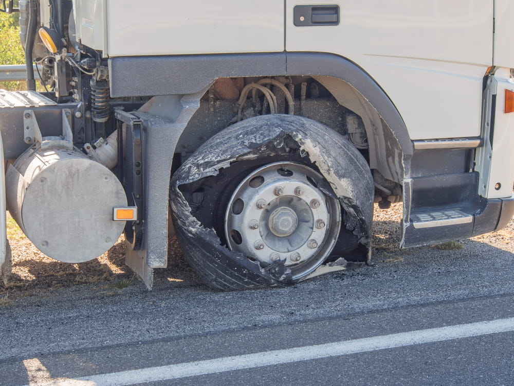 Image is of a commercial truck with a severely damaged tire, concept of liability when a truck tire blows out.